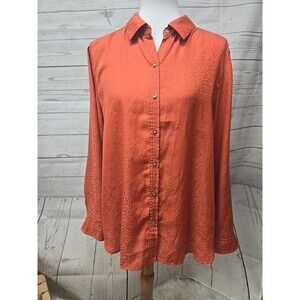 Chico's Women Polyester Button Up Shirt 2 (L) Orange‎ Long Sleeve Animal Print